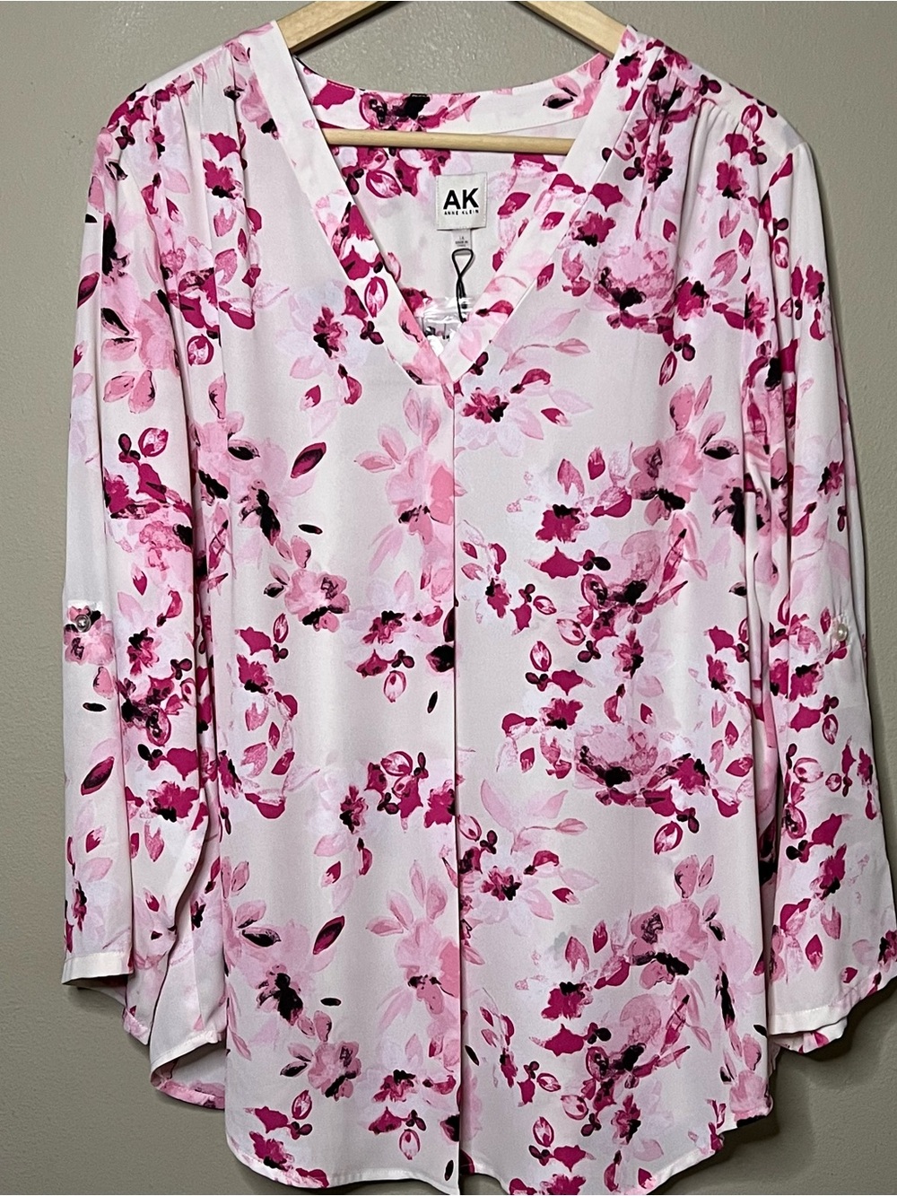 AK Anne Klein V-Neck Long Sleeve Tunic Blouse Women 1X Pink White Floral New
